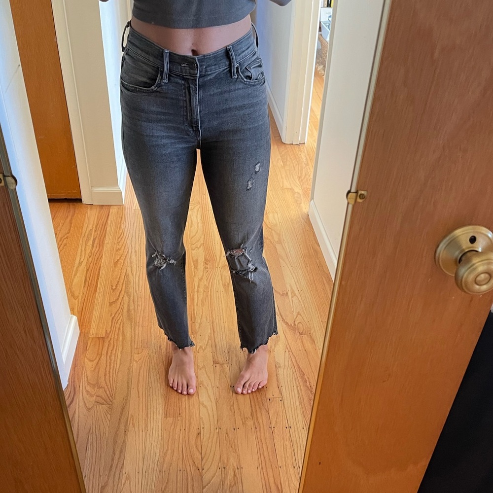 Mother denim, cropped flare with frayed hems, dark grey jeans